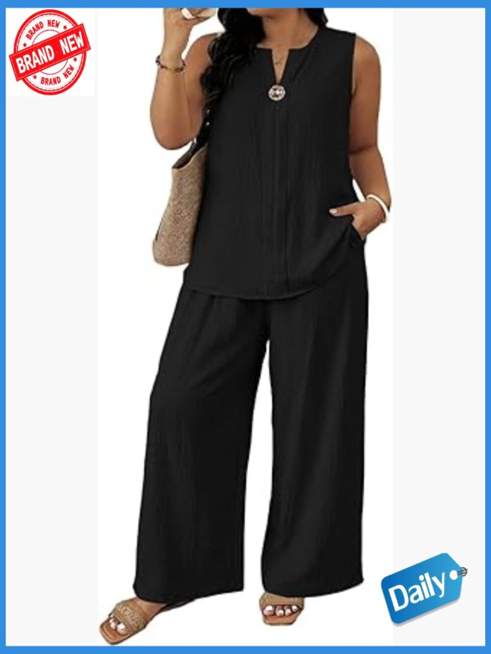 Plus Size 2 Piece Set Sleeveless Top Wide Leg Pants Travel Outfit